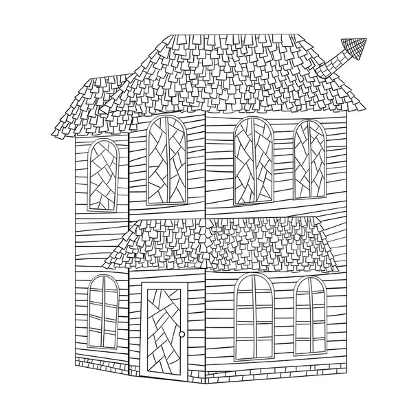 Sketch talo goottilainen tyyli musta ääriviivat eristetty valkoisella taustalla. Varastossa vektori kuvitus suunnitteluun ja koristeluun. Tarra, lippu, juliste - Vektori, kuva