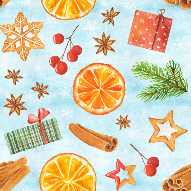 Watercolor seamless pattern with Christmas gingerbread cookies, orange, red berries, christmas tree and box, star anise and cinnamon on blue snowy background. - Photo, Image