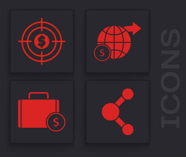 Set Share, Target with dollar, Earth globe with dollar and Briefcase and money icon. Vector. - Vector, imagen