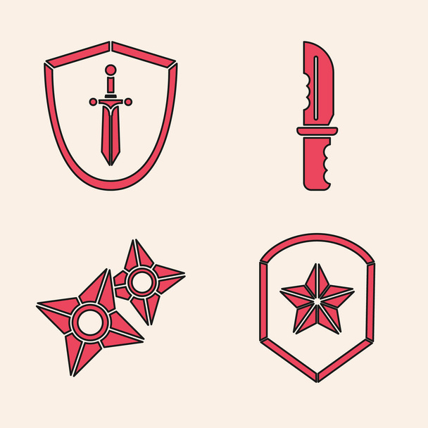 Set Police badge, Medieval shield with sword, Military knife and Japanese ninja shuriken icon. Vector. - Vector, Image