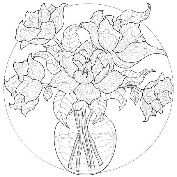 Peony bouquet in a vase. Flowers.Coloring book antistress for children and adults. Zen-tangle style.Black and white drawing - Vector, Image