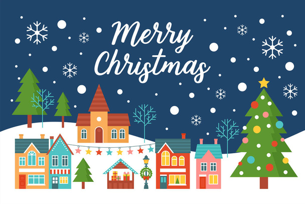 Merry Christmas greeting card design with country village landscape and Christmas tree. Flat style cartoon illustration - Vektor, Bild