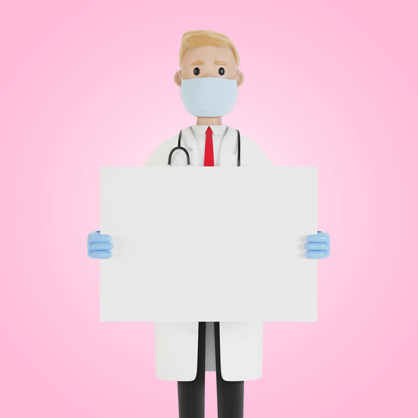 Specialista in medicina con un manifesto in bianco. Illustrazione 3D in stile cartone animato. - Foto, immagini