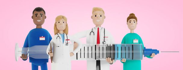 Доктора. Группа медицинских работников держит шприц. Главный врач и медицинские специалисты. 3D иллюстрация в стиле мультфильма. - Фото, изображение