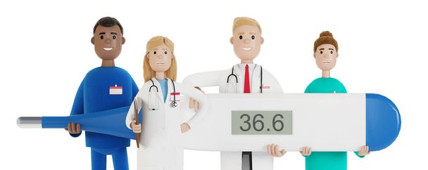 Doktoři. Skupina zdravotníků drží v ruce teploměr. Hlavní lékař a specialisté na medicínu. 3D ilustrace v kresleném stylu. - Fotografie, Obrázek
