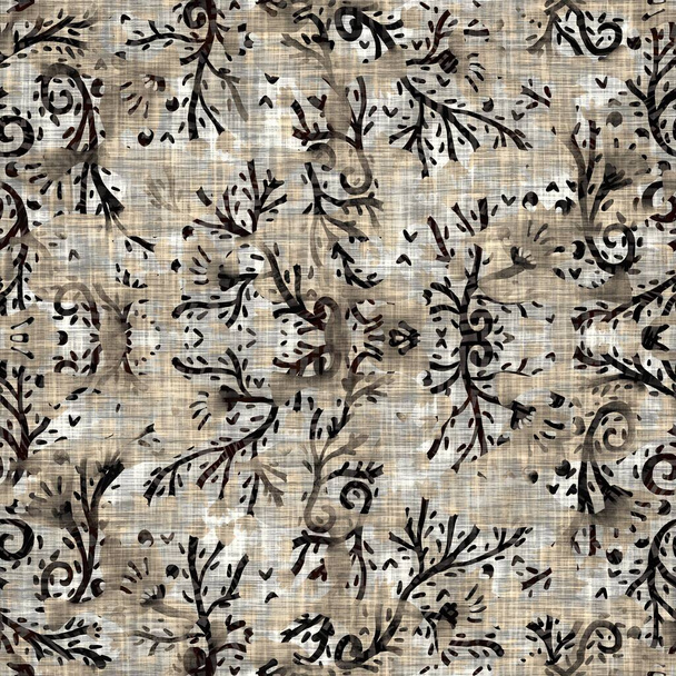 Seamless floral sepia grunge print texture background. Worn mottled flower bloom pattern textile fabric. Grunge rough blur linen all over print  - Photo, Image