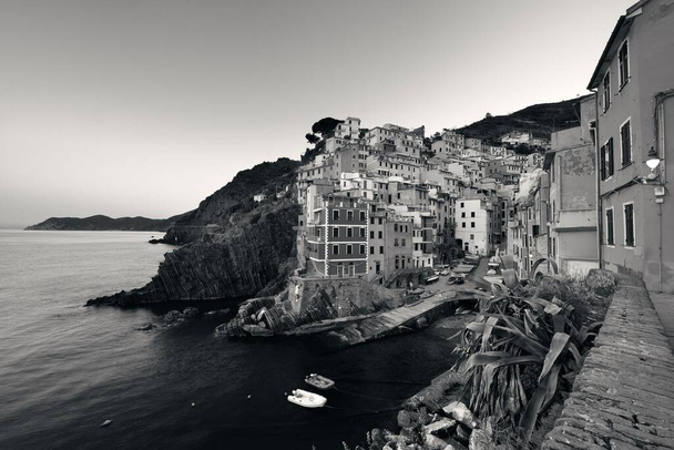 Riomaggiore uitzicht op het water met zwart-wit gebouwen in Cinque Terre, Italië. - Foto, afbeelding