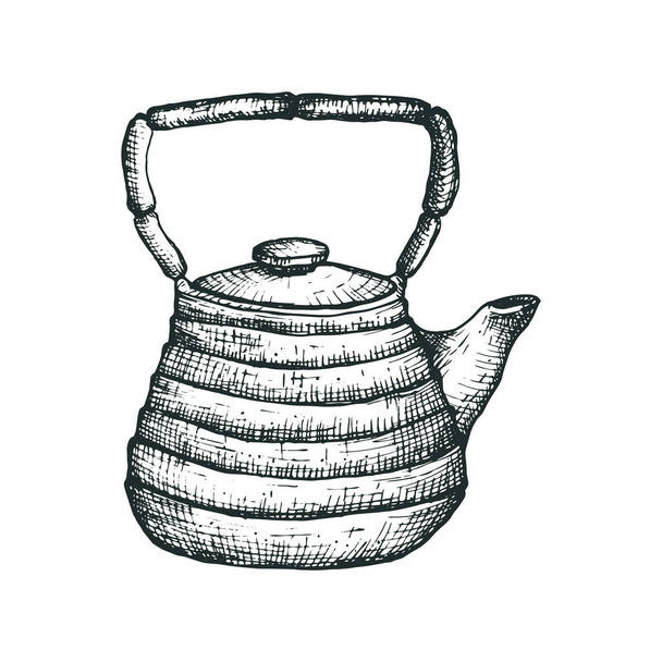 Vector illustration with a Chinese or Japanese ceramic teapot for a tea ceremony in sketch style. Clay Organic Natural Teapot for Brewing Matcha Tea - Vector, Imagen