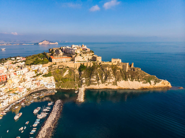 Aerial drone view of Italian island Procida. Marina Corricella and fort - Fotografie, Obrázek