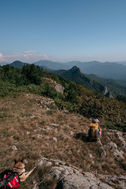 Le voyageur chien et son propriétaire humain avec un sac à dos promenade dans le parc national et profiter de la nature. Une voyageuse et son berger allemand s'assoient sur une colline et regardent les montagnes autour. - Photo, image