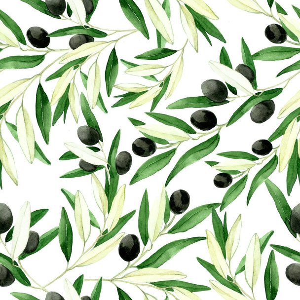 seamless watercolor pattern with olive leaves and fruits, realistic vintage drawing. black olives isolated en white background. print for fabric, wallpaper, paper. - Photo, Image