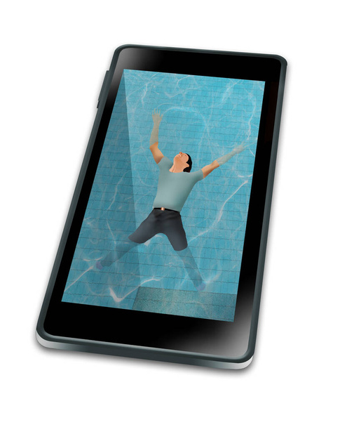 Мужчина плавает на мобильном телефоне, наполненном водой, как будто это бассейн. Это иллюстрирует погружение в его мобильный телефон. - Фото, изображение