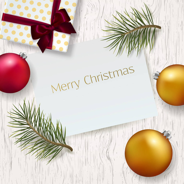 Merry Christmas elegant  background with realistic pine branches, lights and golden and red desorations. Trendy design. Vector illustration. Happy New Year greeting card - Vector, Image