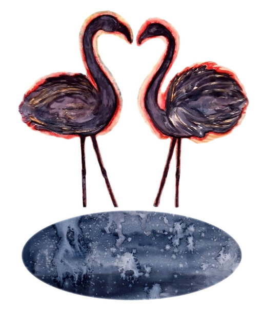 Aquarel tekening van twee blauwe nacht flamingo 's voor uw ontwerp op witte geïsoleerde achtergrond - Foto, afbeelding