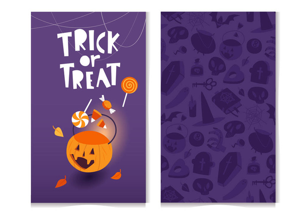 Truco o trato, diseño de tarjeta de felicitación de Halloween con patrón sin costuras - Vector, Imagen