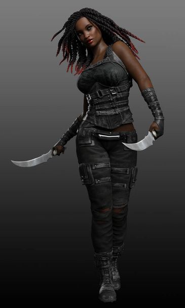 Fantasy Dystopian PoC Fighter with Daggers and Dreadlocks - Photo, Image