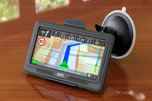 GPS navigation device on the wooden table. 3D rendering  - Foto, Imagem