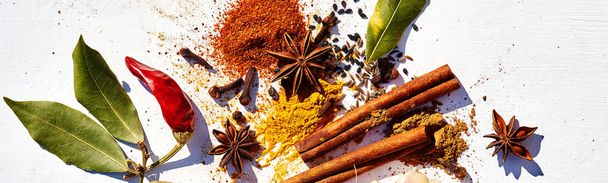 Various types of spices and herbs kitchen on white background with copy space.  - Foto, Bild