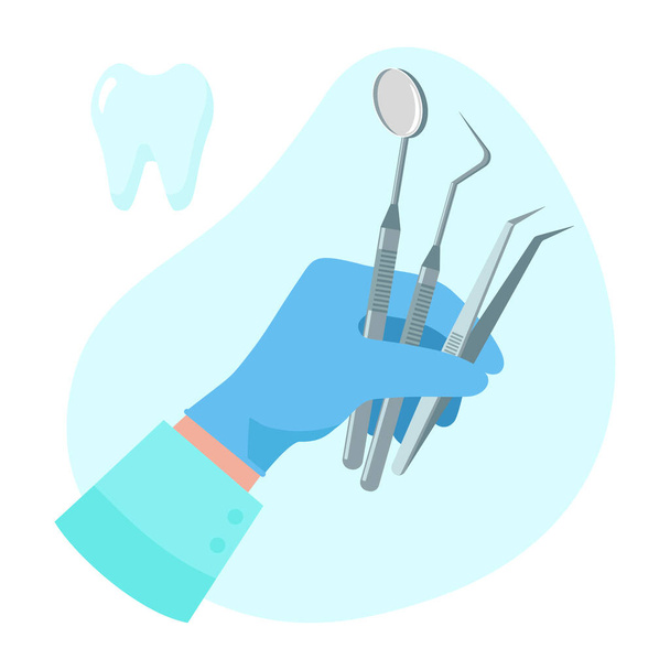 歯医者は青い背景に隔離された患者の歯を調べるために手に楽器を保持しています。ベクトルイラストフラットデザイン。歯の概念。バナー、カード、広告、プロモーションクリニックのデザイン - ベクター画像