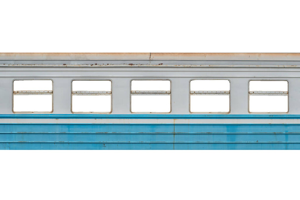 Texturált felépítmény egy régi fém személyszállító vasúti kocsi elszigetelt fehér. - Fotó, kép