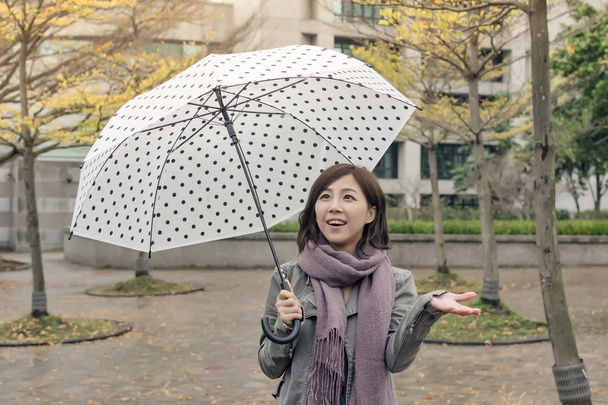 Happy smiling Asian woman holding an umbrella - Photo, Image