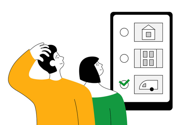 Online voting. A young family makes a choice. Flat illustration. - Vector, Image