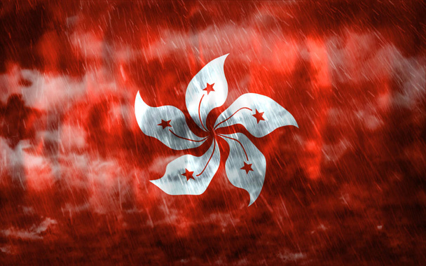 Σύνθετο της σημαίας του Χονγκ Κονγκ και σύννεφα βροχής. Συμβολίζει έντονες βροχές, καταιγίδες, τυφώνες και άλλες κακές καιρικές συνθήκες στη χώρα. 3D εικονογράφηση - Φωτογραφία, εικόνα