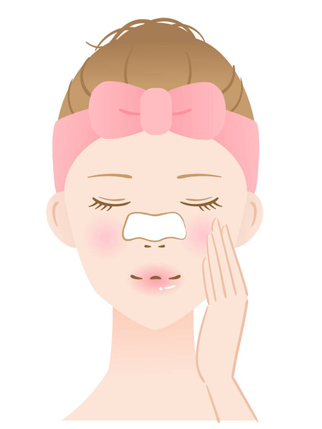 máscara limpiadora de poros nasales e ilustración de mujer joven. Concepto de cuidado de la piel - Vector, imagen