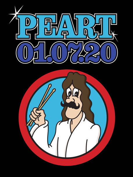 Αναμνηστική εικονογράφηση κινουμένων σχεδίων του rockstar Neil Peart.Διάνυσμα του θρυλικού ντράμερ των Rush με την ημερομηνία του θανάτου του εμπνευσμένη από το ύφος του εξωφύλλου του 2112. - Διάνυσμα, εικόνα