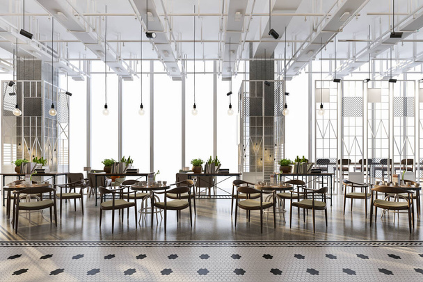 3d rendering loft en luxe hotel receptie en cafe lounge restaurant - Foto, afbeelding