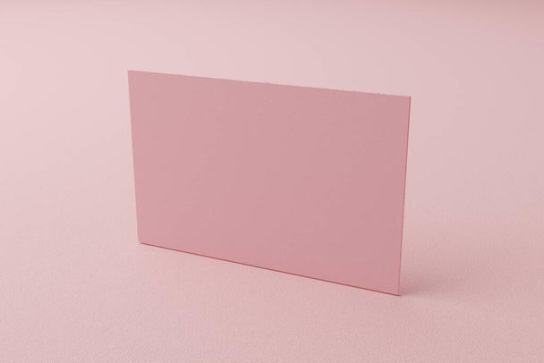 Ροζ παστέλ χάρτινο υπόδειγμα επαγγελματικής κάρτας με κενό κάλυμμα χώρου για ένθετο λογότυπο της εταιρείας ή προσωπική ταυτότητα σε φόντο από χαρτόνι. Μοντέρνο στυλ. Πλευρική άποψη. Απεικόνιση 3D - Φωτογραφία, εικόνα