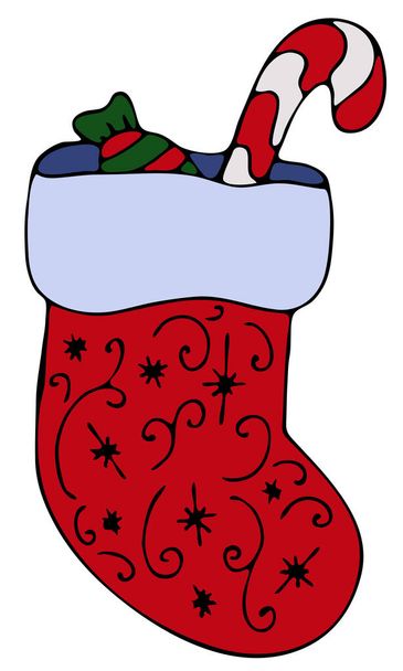 красивый рождественский носок с десертом для Санты - сахарный тростник, милые зимние каракули, векторный набор элементов в стиле каракулей - Вектор,изображение