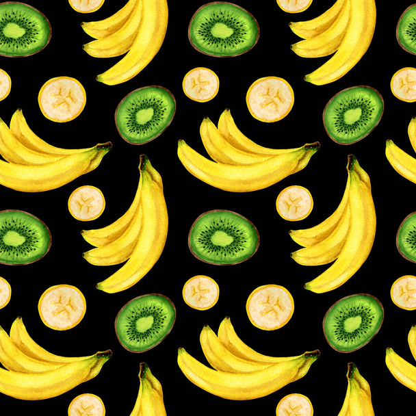 Patrón de fruta sin costuras sobre fondo negro, kiwi y plátano. - Foto, imagen