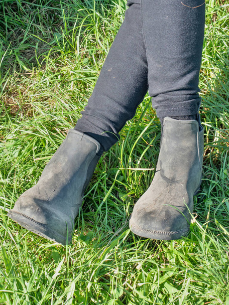 Женщина-всадник сидит со скрещенными ногами в сапогах и длинных колготках. Конная ферма и конный спорт - Фото, изображение