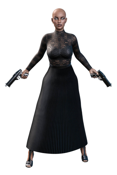 Афроамериканка с пистолетом в руках на белом фоне, 3D-рендеринг, 3D-иллюстрация - Фото, изображение