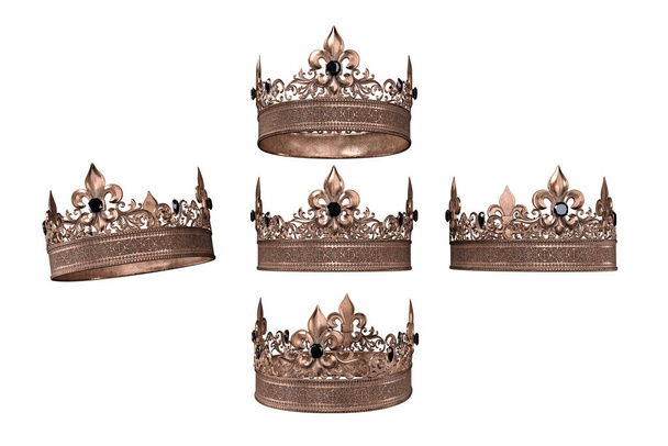 Middeleeuwse sieraad kroon op geïsoleerde achtergrond, 3D-illustratie, 3D-weergave - Foto, afbeelding