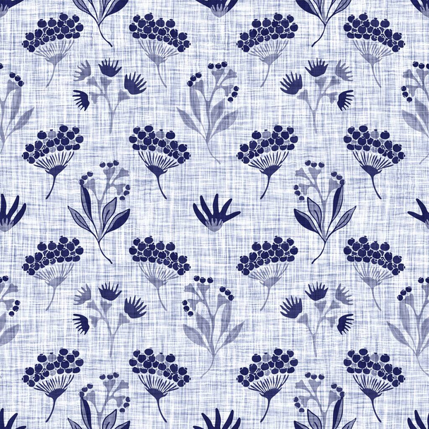Indigo azul flor bloque impresión teñido de lino textura de fondo. Muestra de patrón batik repetición japonesa tejida sin costura. Bloque de desenfoque afligido orgánico floral estampado por todo el textil. - Foto, Imagen