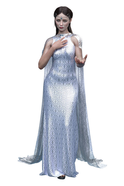 Средневековая женщина фантазии в платье на изолированном белом фоне, 3D-иллюстрация, 3D-рендеринг - Фото, изображение
