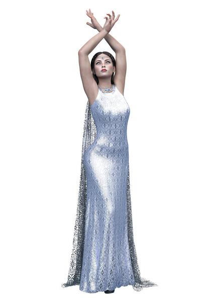 Femme fantaisie médiévale en robe sur fond blanc isolé, illustration 3D, rendu 3D - Photo, image