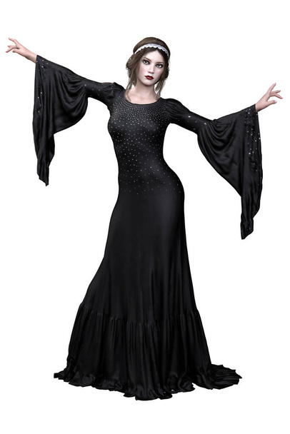 Średniowieczna kobieta Fantasy w czarnej sukience na izolowanym białym tle, Ilustracja 3D, Rendering 3D - Zdjęcie, obraz