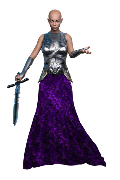 POC中世ファンタジー戦士女性孤立した白い背景に剣、 3Dイラスト、 3Dレンダリング - 写真・画像
