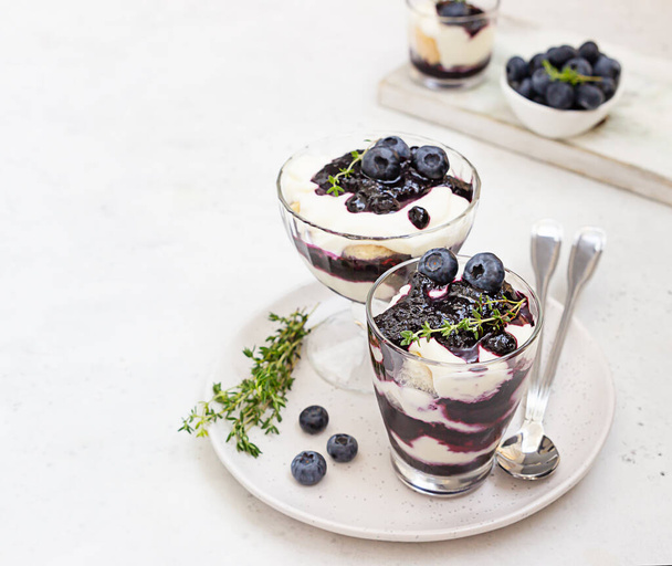 Tiramisu. Homemade dessert in glasses with blueberries, cream and ladyfingers garnish with blueberries and thyme. Light grey background. - Foto, Imagen