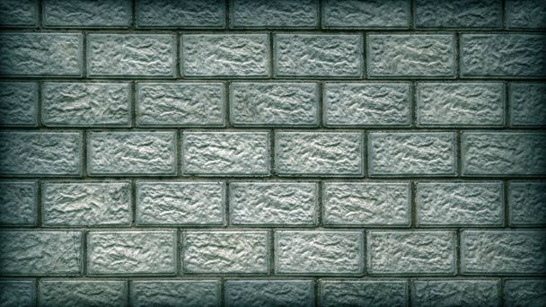 The wall of the building is made of concrete blocks. Aged blue and green tinted background or wallpaper with vignetting. Masonry pattern. Dark dramatic backdrop on the theme of housing construction - Foto, Bild