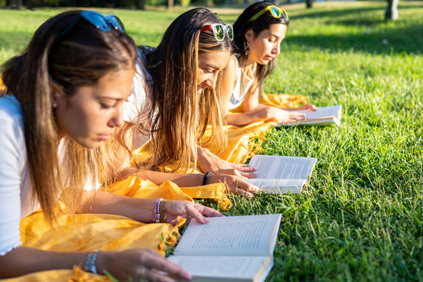 Étudiantes universitaires allongées sur l'herbe dans le parc le matin en lisant un livre de poche - Détente en plein air partager votre passion - Retour à de vieilles habitudes saines - Aimer la nature - Photo, image