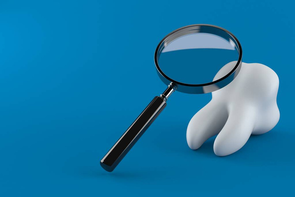 Tooth with magnifying glass isolated on blue background. 3d illustration - Photo, Image