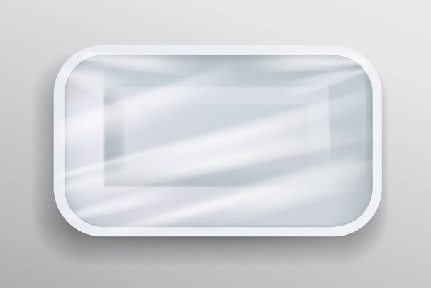 Упаковка белая пена лоток завернутый в пластик реалистичный, шаблон дизайн на сером фоне, Eps 10 векторной иллюстрации - Вектор,изображение
