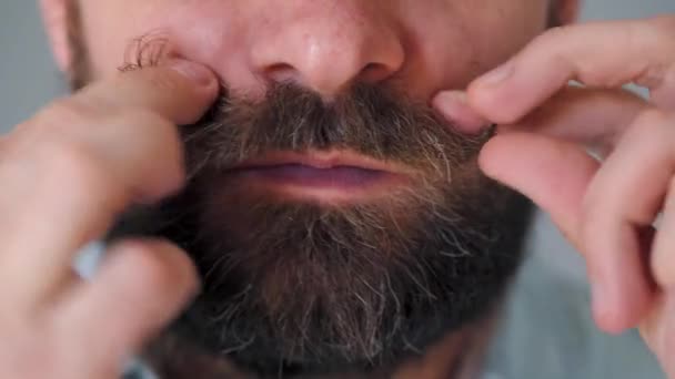 Μέρος του προσώπου ενός γενειοφόρου άντρα που κουλουριάζει το μουστάκι του και το κουνάει περίεργα - Πλάνα, βίντεο