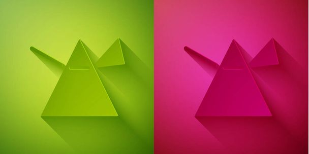 Papierschnitt Lichtstrahlen im Prisma-Symbol isoliert auf grünem und rosa Hintergrund. Strahl-Regenbogen-Spektrum-Dispergierungseffekt im Glasprisma. Papierkunst. Vektorillustration. - Vektor, Bild