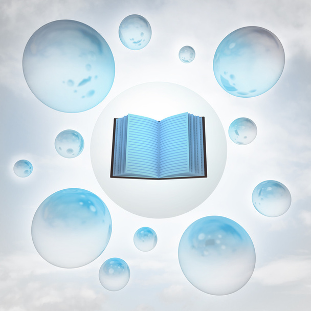 open book with glossy bubbles in the air with flare - Foto, afbeelding