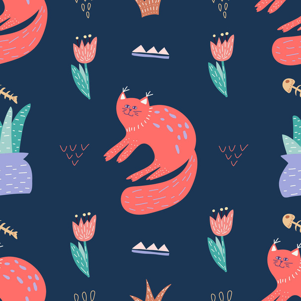Seamless pattern with cute cat in doodle style on dark blue background. Creative childish texture. Great for fabric, textile Vector Illustration - Vector, Image